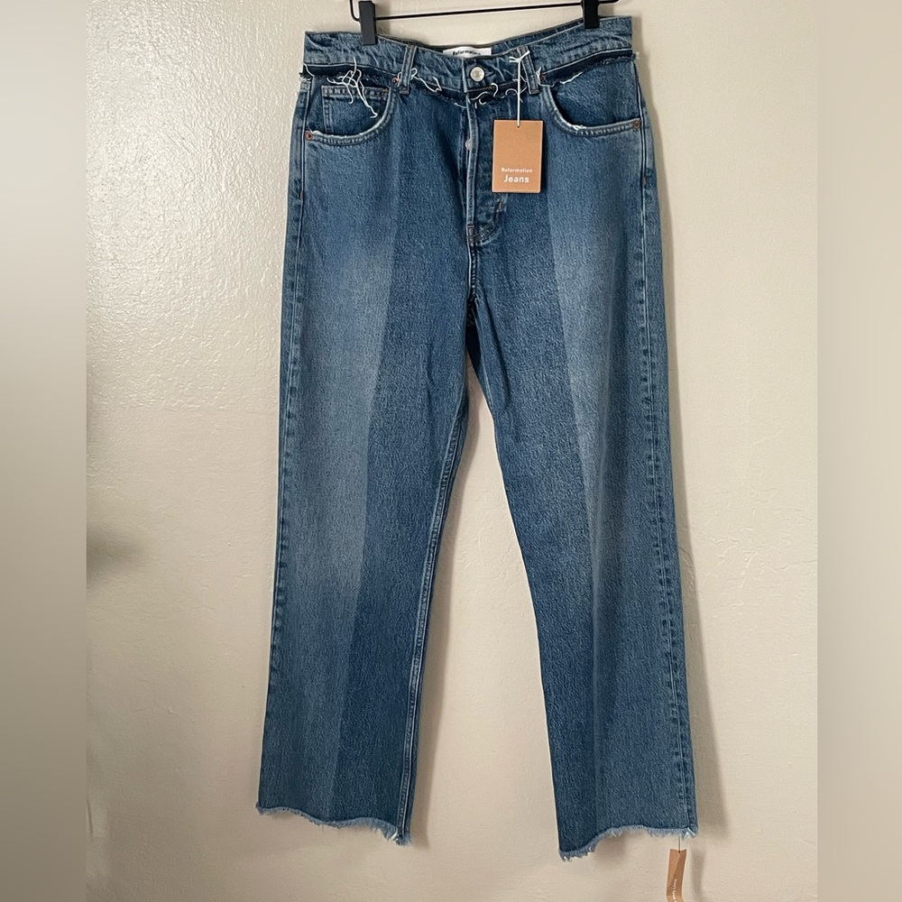 Reformation reconstruction high rise straight denim jeans two tone